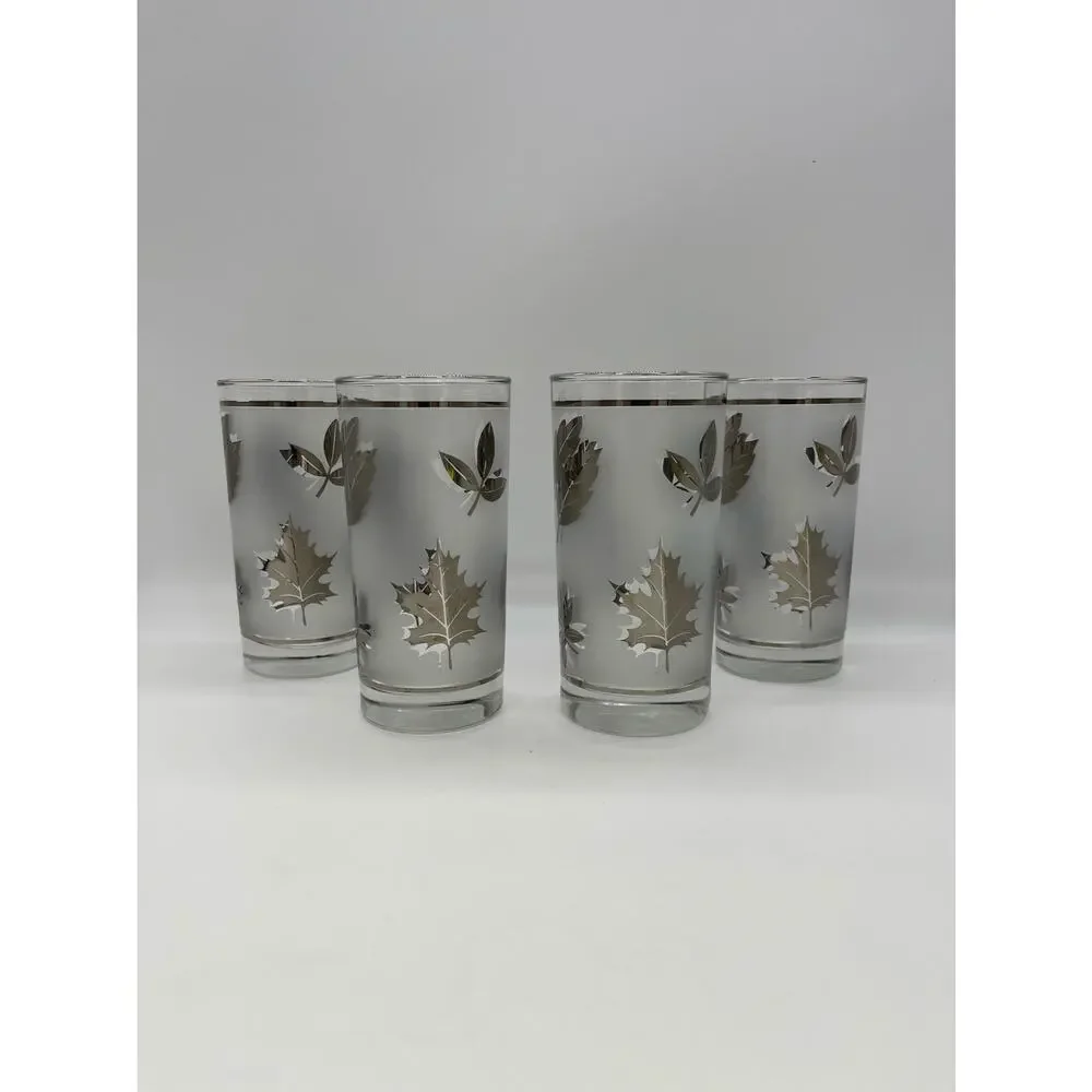 Set of 4 Libbey Frosted Silver Foliage Glass Tumblers